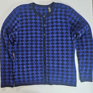 Vintage Merino Wool Cardigan Sweater Mens Medium Blue Black‎ Geometric Luxury